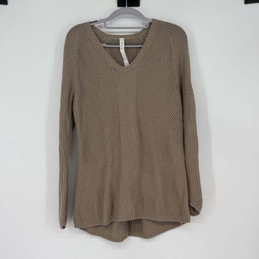 Lululemon Pima Cotton Wool V-Neck Textured Knit Sweater Tan Brown‎ Size 4